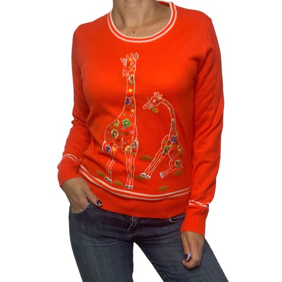 2/$30 Vintage Giraffe Sweater Size S Neon Orange Red Embroidered Rochelle - Picture 5 of 8
